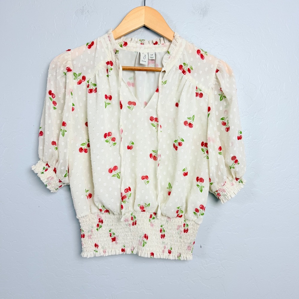 Joie Cherry Print Swiss Dot Smocked Waist Blouse Cream Red S Lightweight